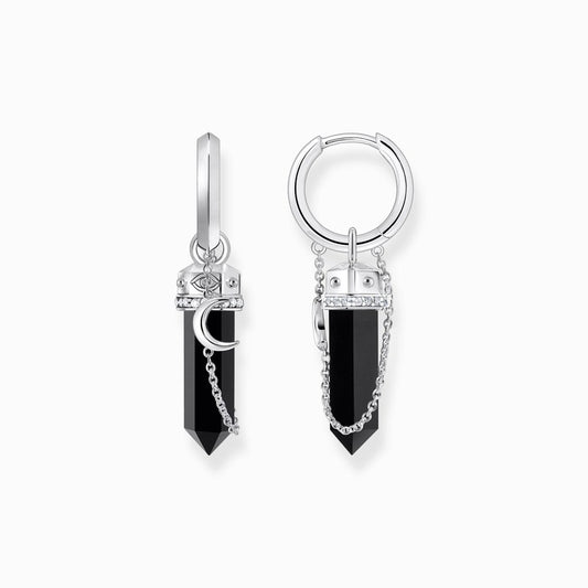 Thomas Sabo Silver Hoop Earrings with Onyx in Hexagon-shape and Small Chain