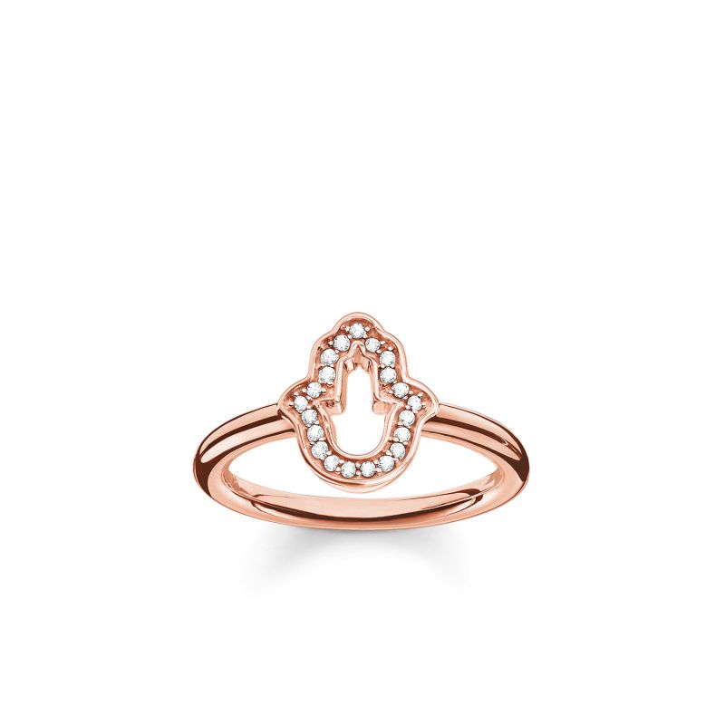 Thomas Sabo Silver Rose Gold Plated Cubic Zirconia Hamsa Hand Ring