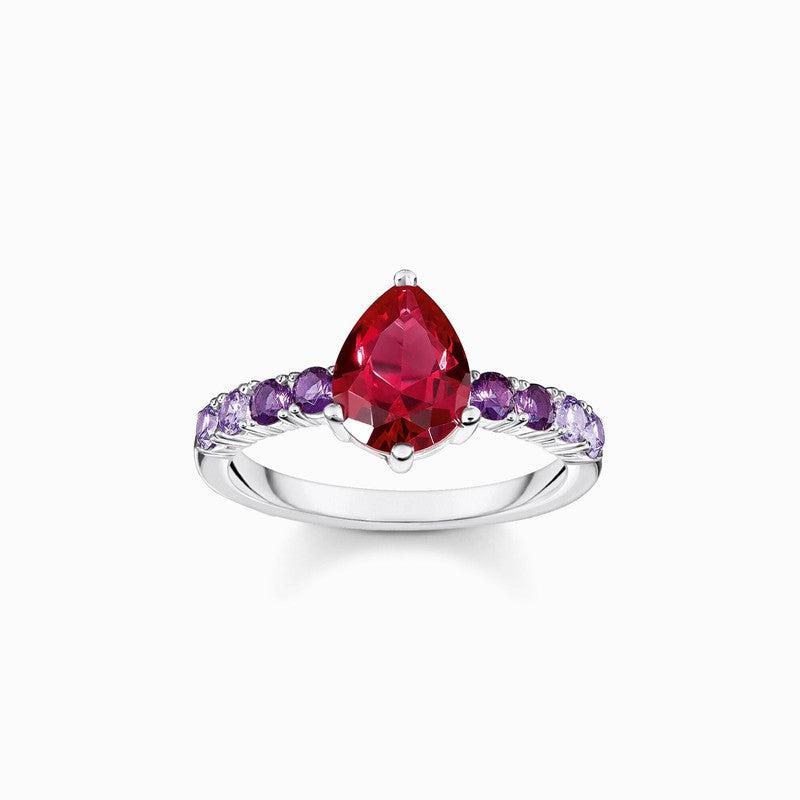 Thomas Sabo Silver Solitaire Ring with Red and Violet Stones