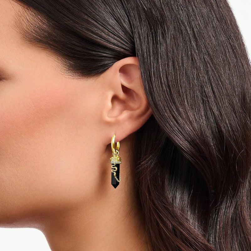 Thomas Sabo Single Yellow-Gold plated Hoop Earrings with Onyx and Small Chain