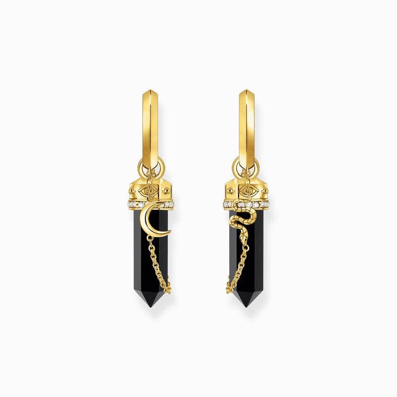 Thomas Sabo Single Yellow-Gold plated Hoop Earrings with Onyx and Small Chain