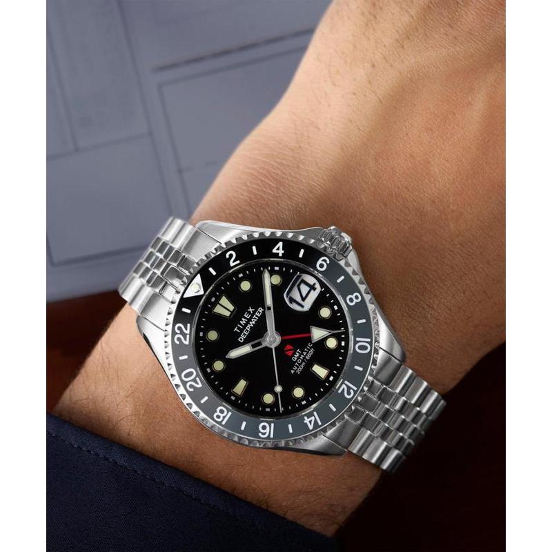 Timex Deepwater Meridian 200 Automatic GMT Stainless Steel Bracelet Watch Black Dial