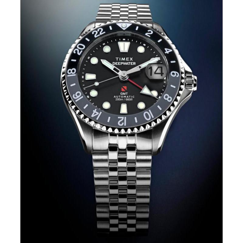 Timex Deepwater Meridian 200 Automatic GMT Stainless Steel Bracelet Watch Black Dial