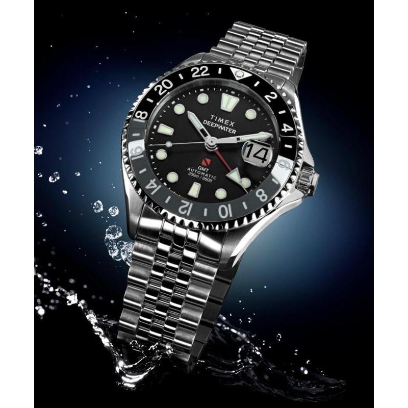 Timex Deepwater Meridian 200 Automatic GMT Stainless Steel Bracelet Watch Black Dial