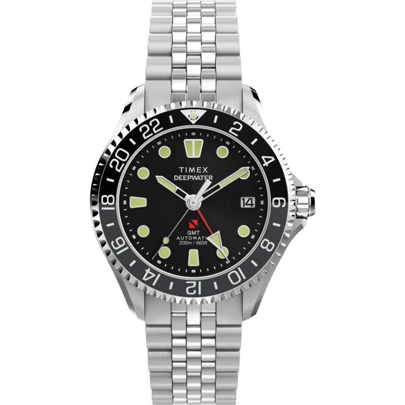 Timex Deepwater Meridian 200 Automatic GMT Stainless Steel Bracelet Watch Black Dial