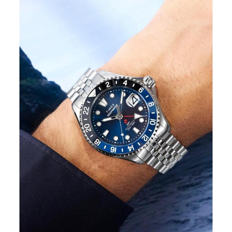 Timex Deepwater Meridian 200 Automatic GMT Stainless Steel Bracelet Watch Blue Dial