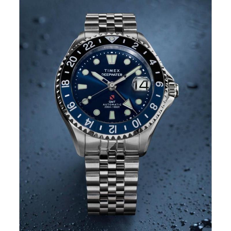 Timex Deepwater Meridian 200 Automatic GMT Stainless Steel Bracelet Watch Blue Dial