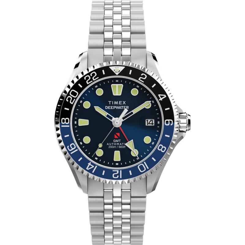 Timex Deepwater Meridian 200 Automatic GMT Stainless Steel Bracelet Watch Blue Dial