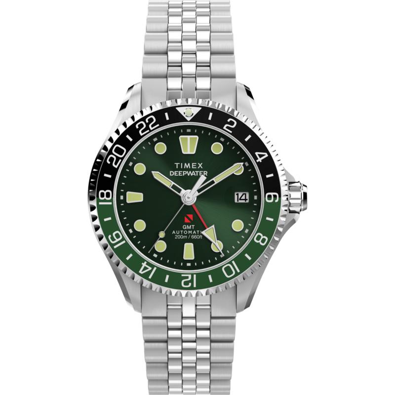 Timex Deepwater Meridian 200 Automatic GMT Stainless Steel Bracelet Watch Green Dial