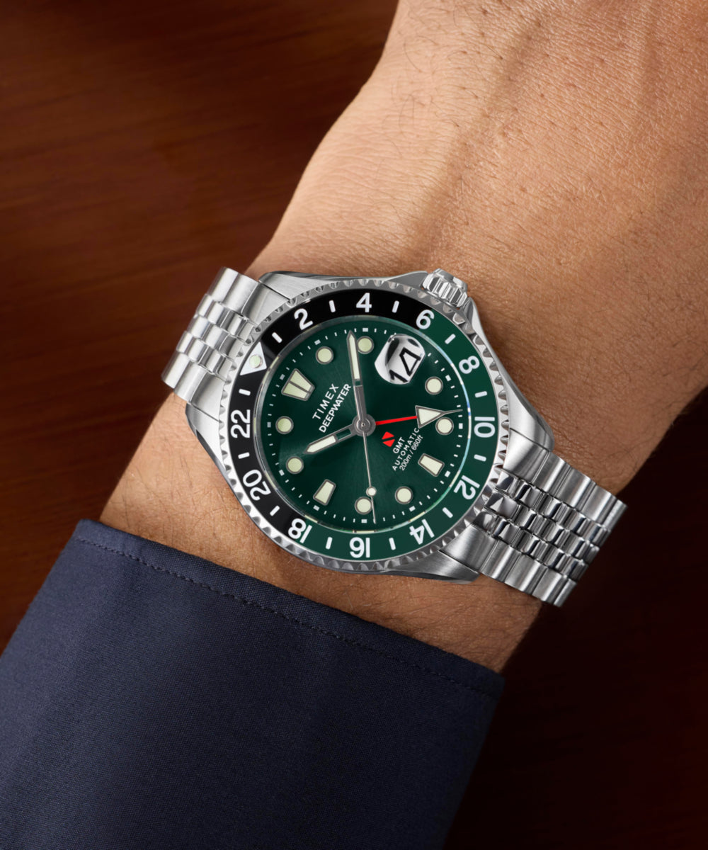 Timex Deepwater Meridian 200 Automatic GMT Stainless Steel Bracelet Watch Green Dial