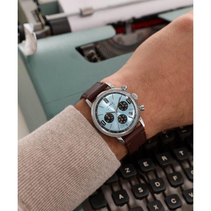 Timex Marlin Chronograph Tachymeter 40mm Leather Watch – Ice Blue Dial