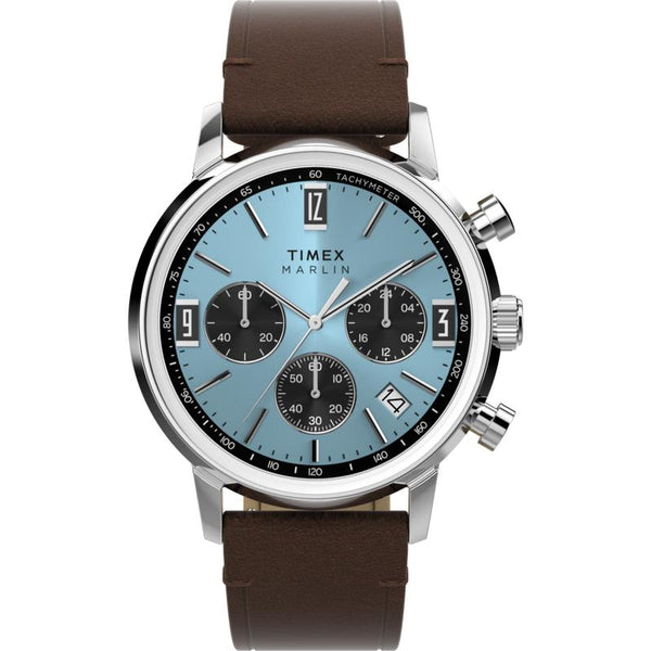 Timex Marlin Chronograph Tachymeter 40mm Leather Watch – Ice Blue Dial