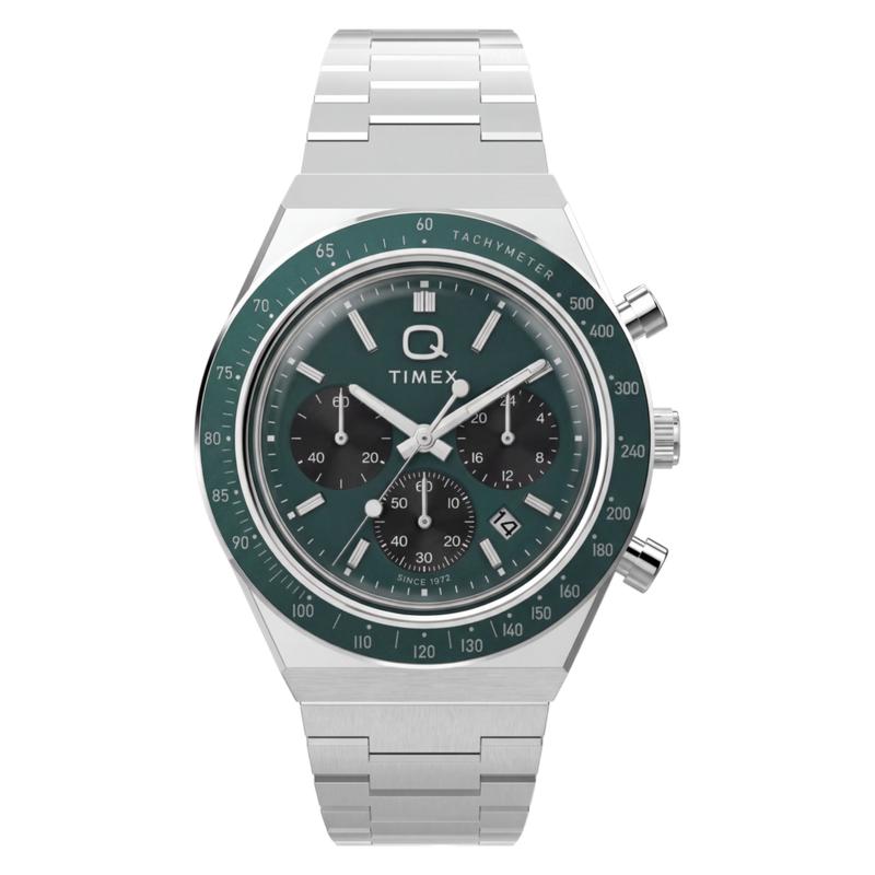 Timex Q Timex Chronograph Stainless Steel Bracelet Watch Green Dial