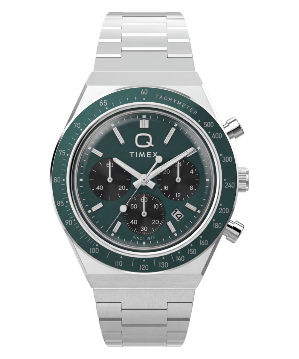 Timex Q Timex Chronograph Stainless Steel Bracelet Watch Green Dial