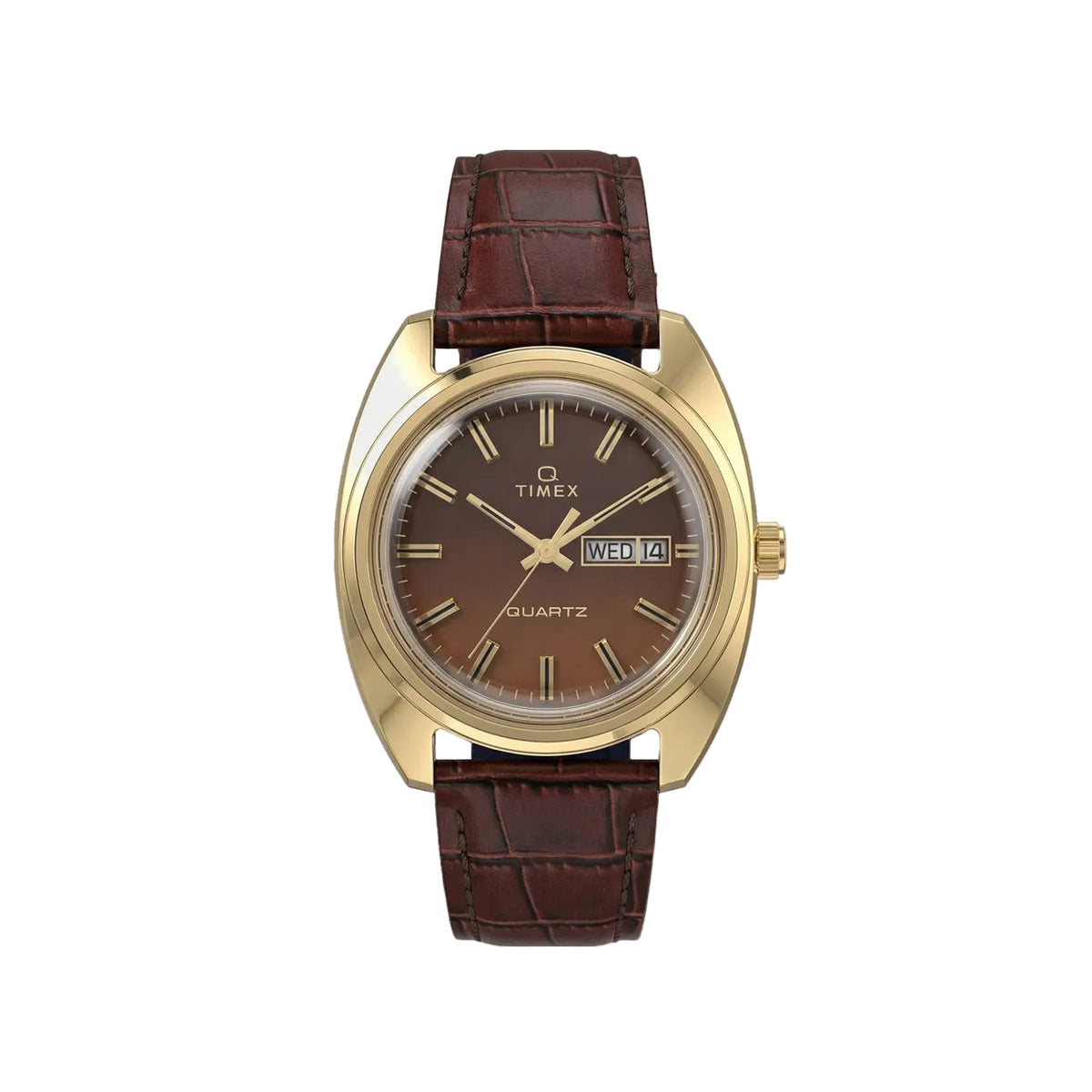Timex Q Timex Day-Date Leather Strap Watch Brown Dial
