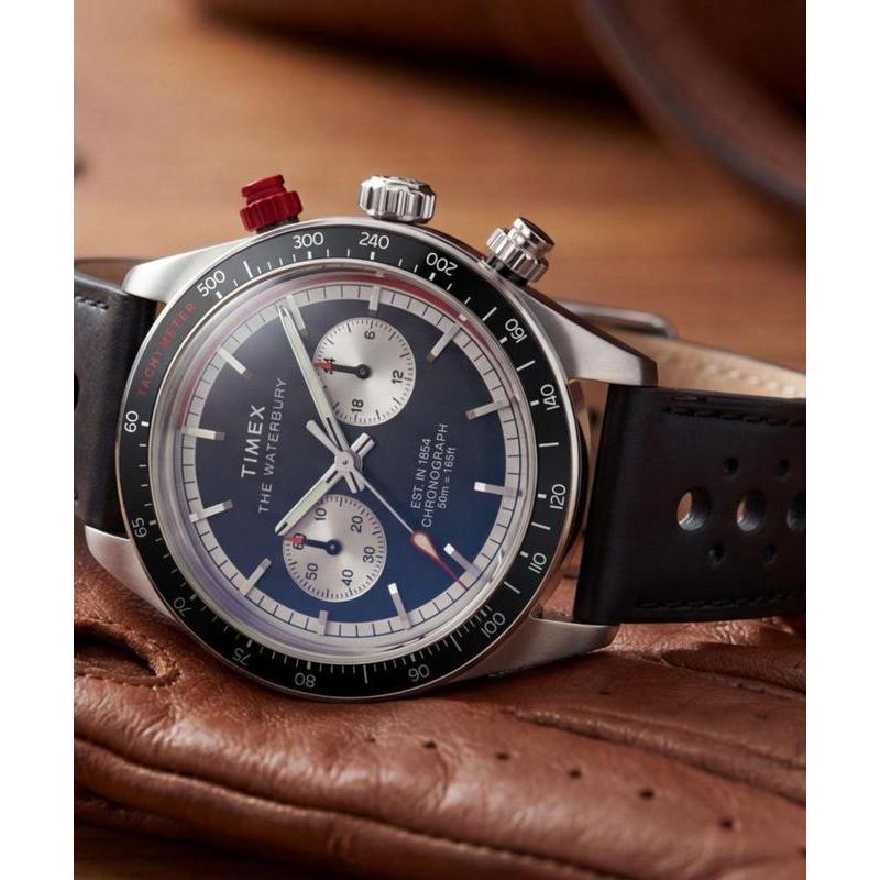 Timex Waterbury Heritage Chronograph Leather Strap Watch Black Strap