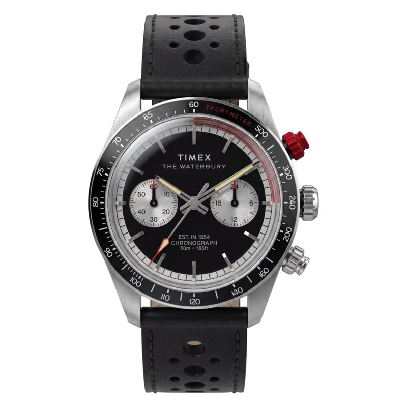 Timex Waterbury Heritage Chronograph Leather Strap Watch Black Strap