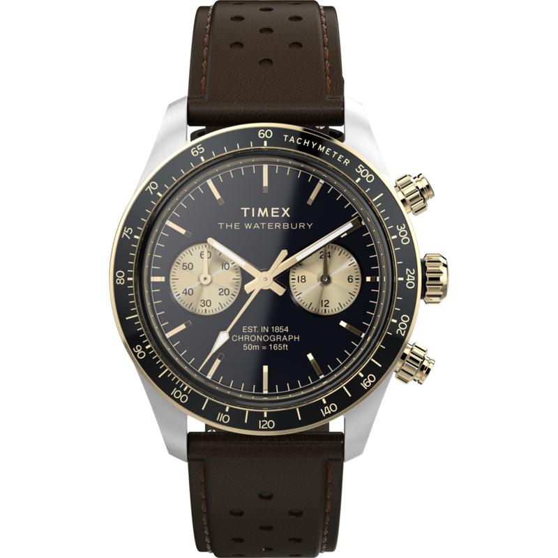 Timex Waterbury Heritage Chronograph Leather Strap Watch Brown Strap