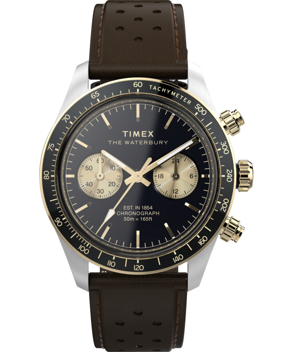 Timex Waterbury Heritage Chronograph Leather Strap Watch Brown Strap
