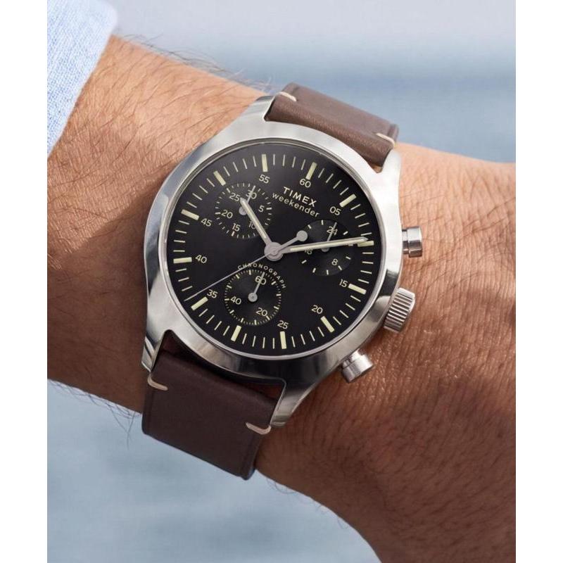 Timex Weekender New England Chronograph Leather Strap Watch Black Dial
