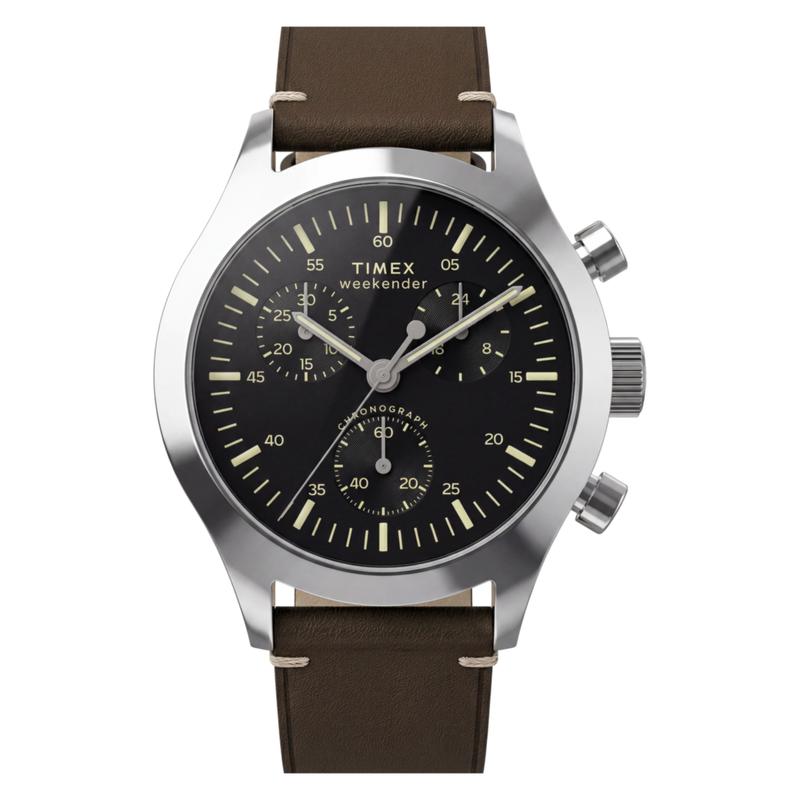 Timex Weekender New England Chronograph Leather Strap Watch Black Dial