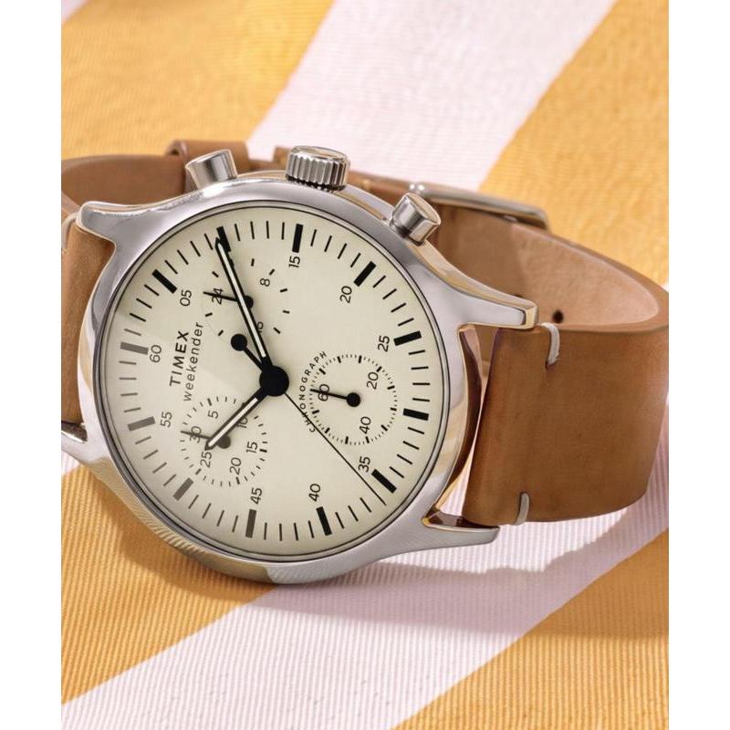 Timex Weekender New England Chronograph Leather Strap Watch Cream Dial