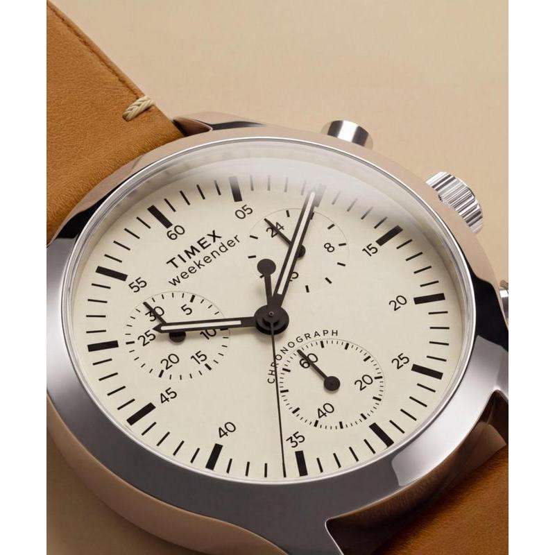 Timex Weekender New England Chronograph Leather Strap Watch Cream Dial