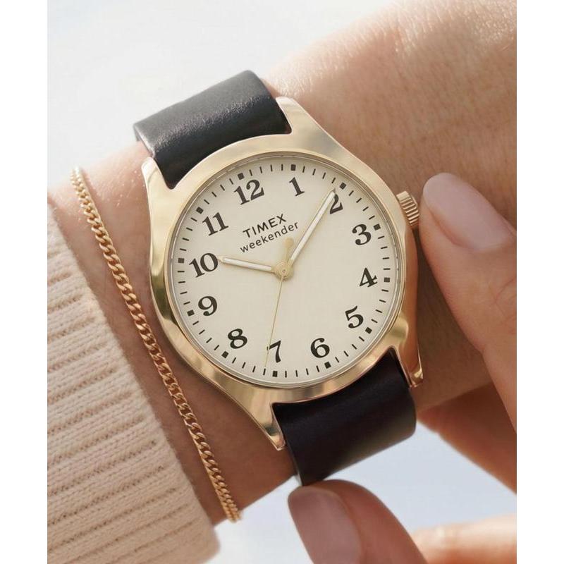 Timex Weekender New England Leather Strap Watch Gold-Tone Black Strap