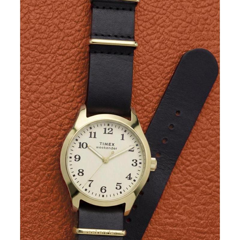 Timex Weekender New England Leather Strap Watch Gold-Tone Black Strap