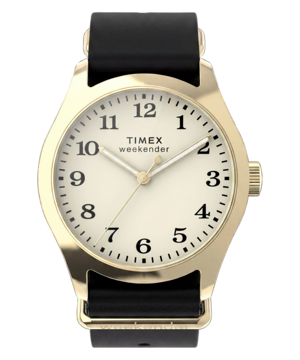 Timex Weekender New England Leather Strap Watch Gold-Tone Black Strap