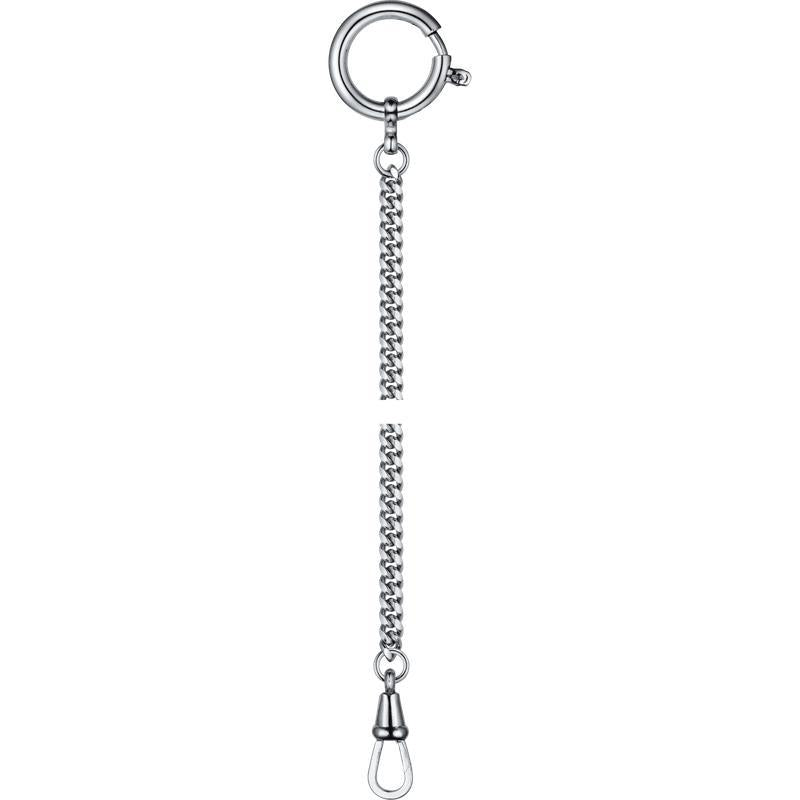 Tissot Savonnette stainless steel pocket watch chain with a classic grey finish and secure clasp attachment.