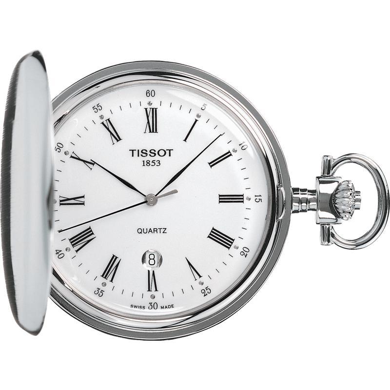 Tissot Savonnette pocket watch in stainless steel with a classic white dial, black Roman numerals, and precise quartz movement.