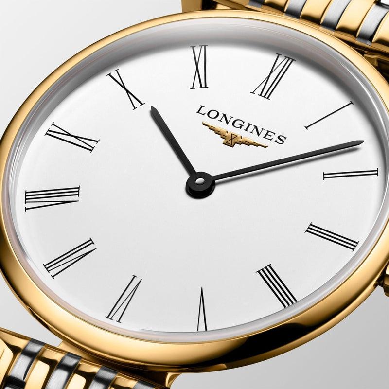 Longines La Grande Classique watch with a 24mm yellow PVD case, white dial, black Roman numerals, and two-tone bracelet.