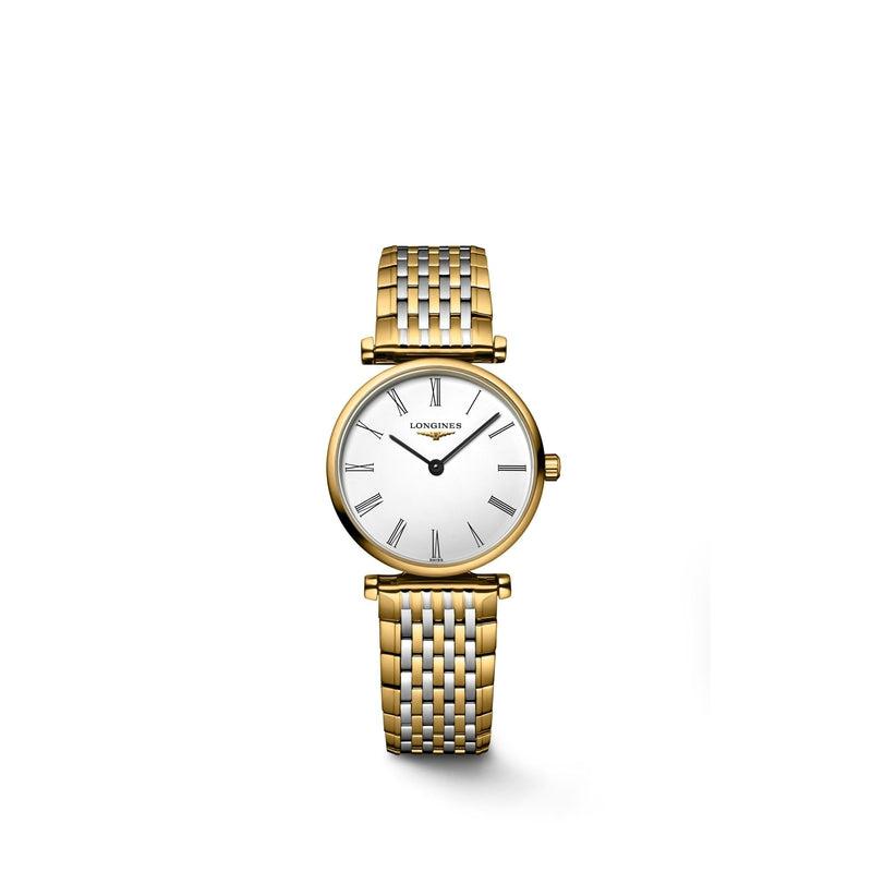 Longines La Grande Classique watch with a 24mm yellow PVD case, white dial, Roman numerals, and two-tone gold and steel bracelet.