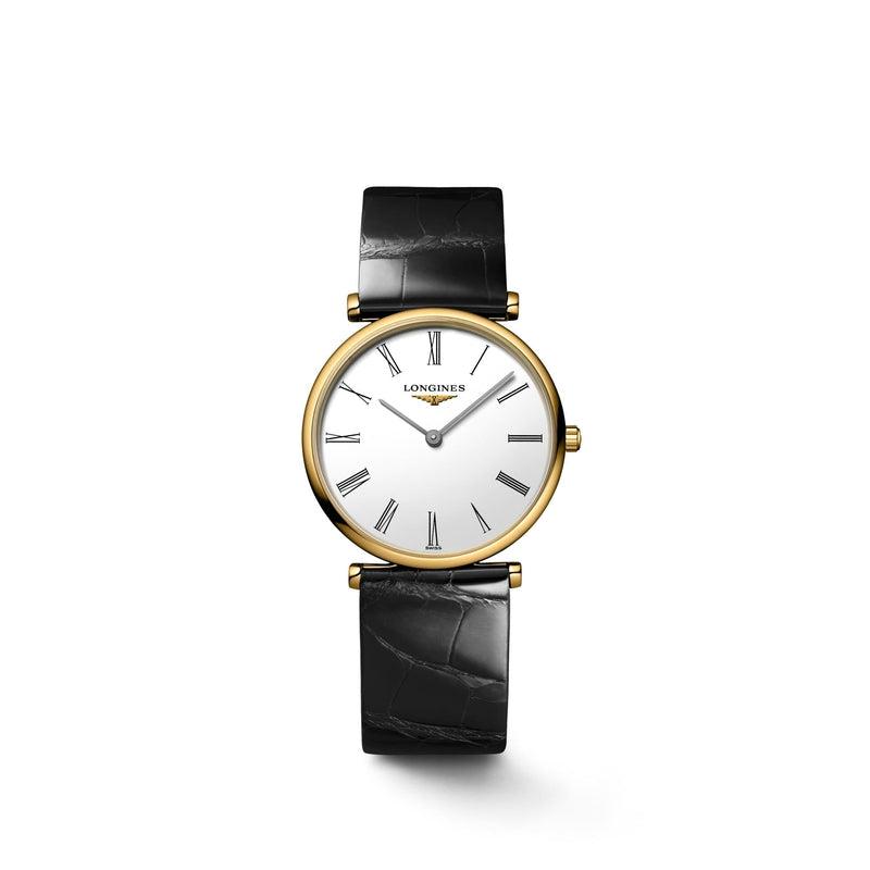 Longines La Grande Classique watch with a 29mm yellow PVD case, white dial, Roman numerals, and black alligator strap.
