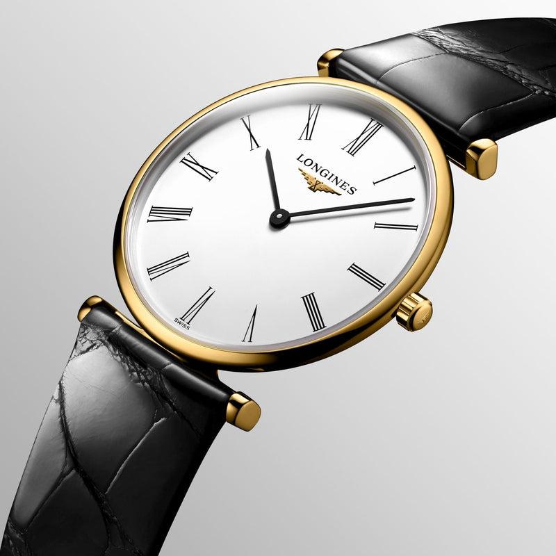 Longines La Grande Classique watch with a 29mm yellow PVD case, white dial, Roman numerals, and black leather strap.