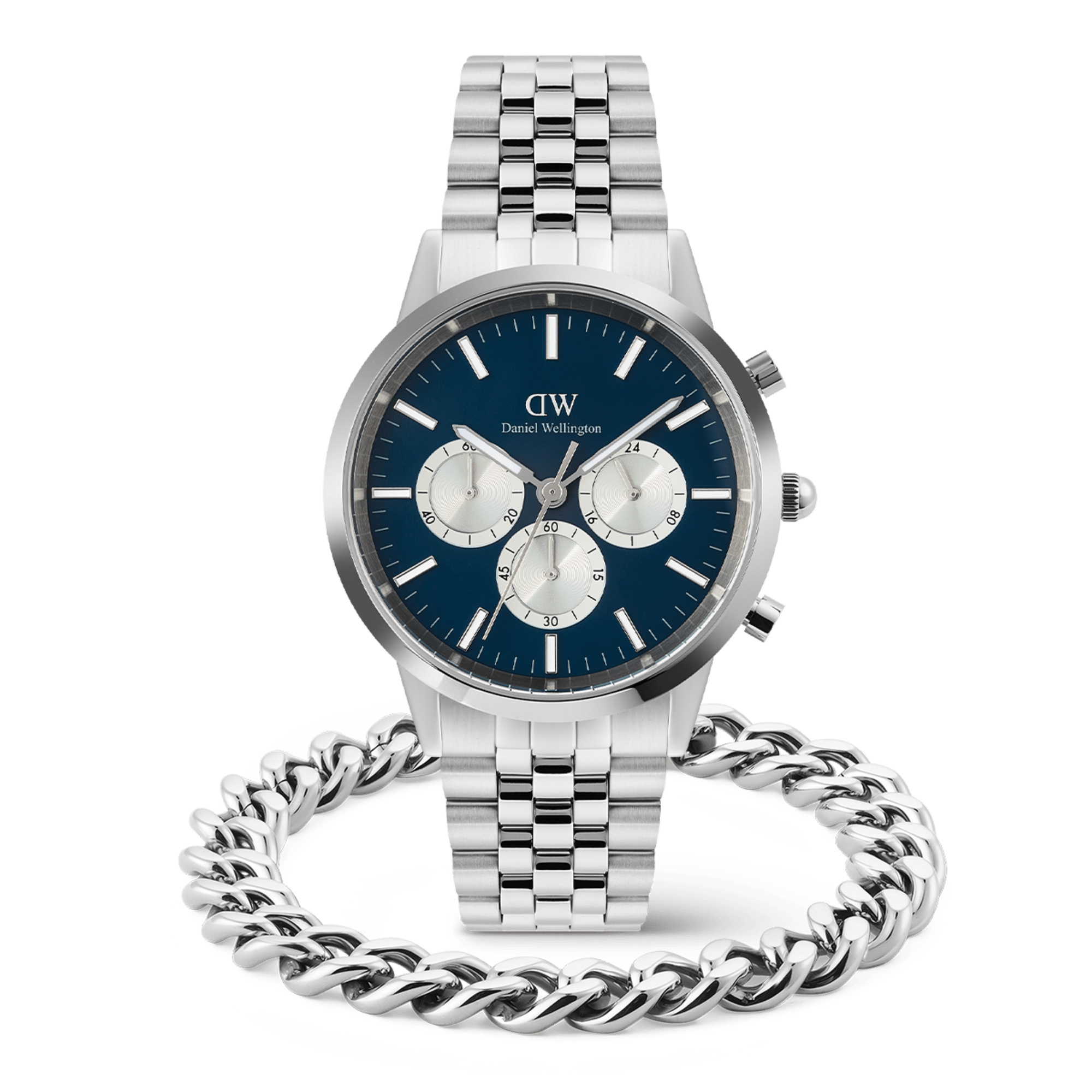 Daniel Wellington Bundle : Iconic Chronograph Panda + Ellipse Cuban Chain Bracelet Silver Set