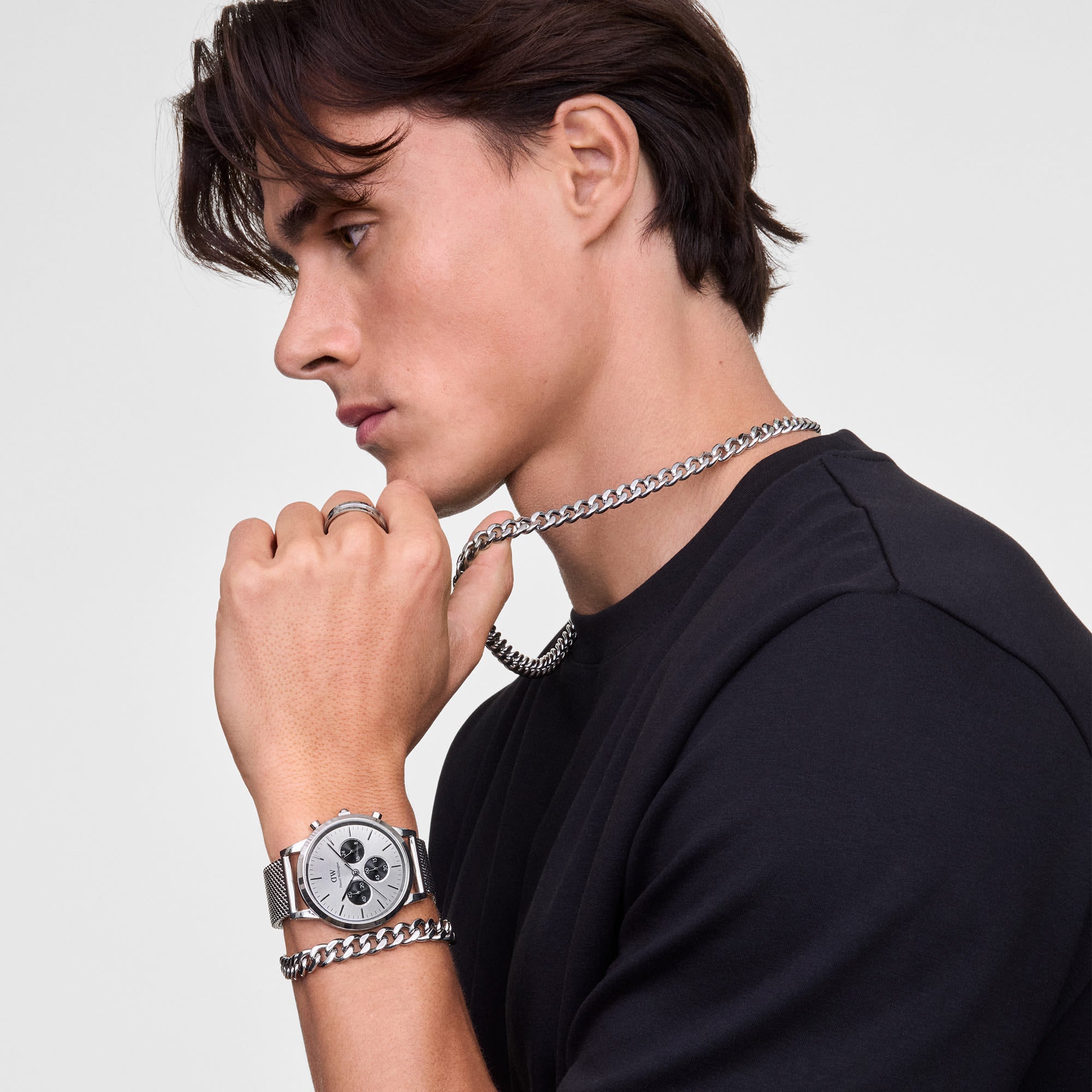 Daniel Wellington Bundle : Iconic Chronograph Panda + Ellipse Cuban Chain Bracelet Silver Set