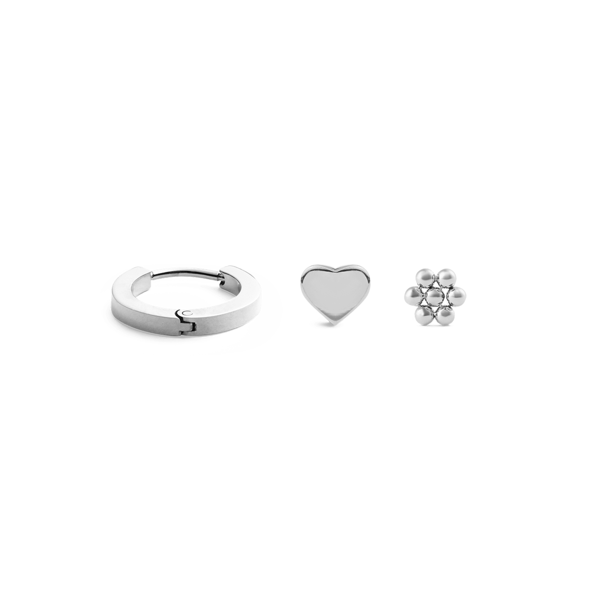 Daniel Wellington Bundle : Hoop + Heart + Flower Stud Silver Set