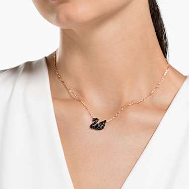 Swarovski Swan pendant, black crystal, 18K rose gold finish